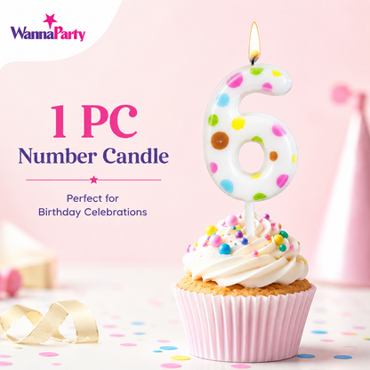 White Pastel Polka Dot Birthday Candle Number 6 | Numerical Candles for Cake Cutting - 1PC