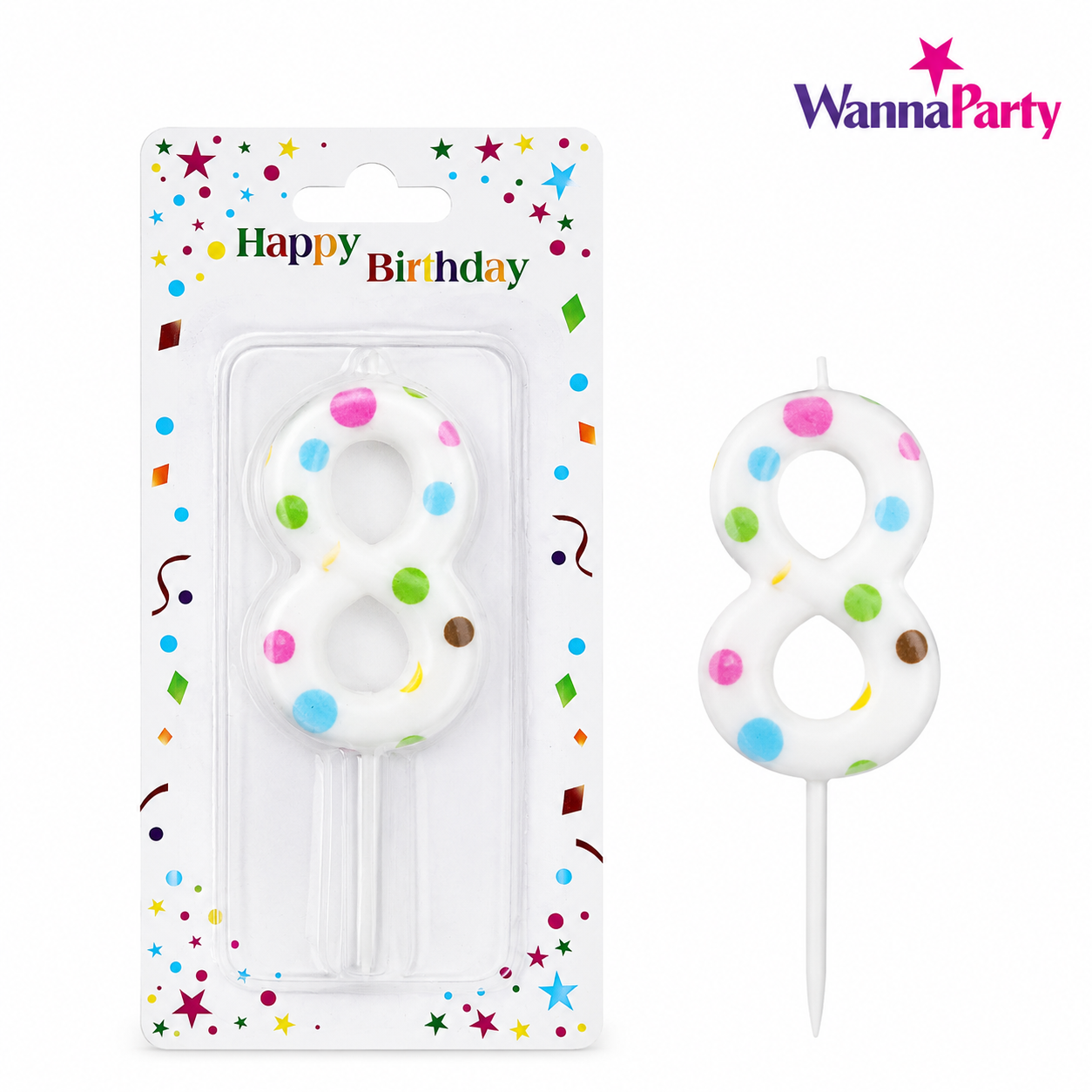 White Pastel Polka Dot Birthday Candle Number 8 | Numerical Candles for Cake Cutting - 1PC