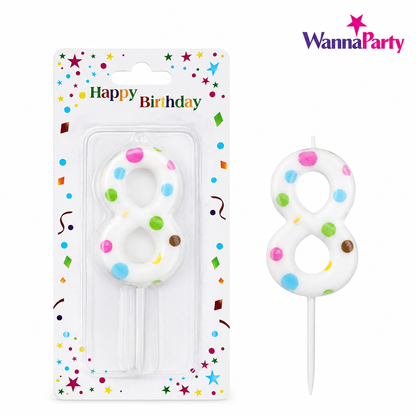White Pastel Polka Dot Birthday Candle Number 8 | Numerical Candles for Cake Cutting - 1PC