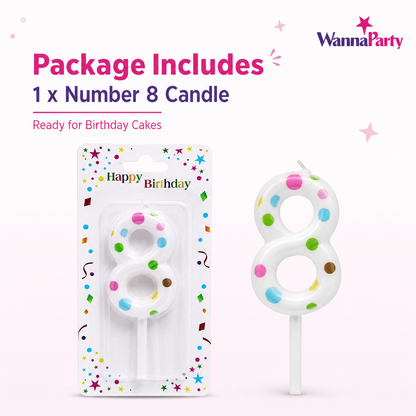 White Pastel Polka Dot Birthday Candle Number 8 | Numerical Candles for Cake Cutting - 1PC