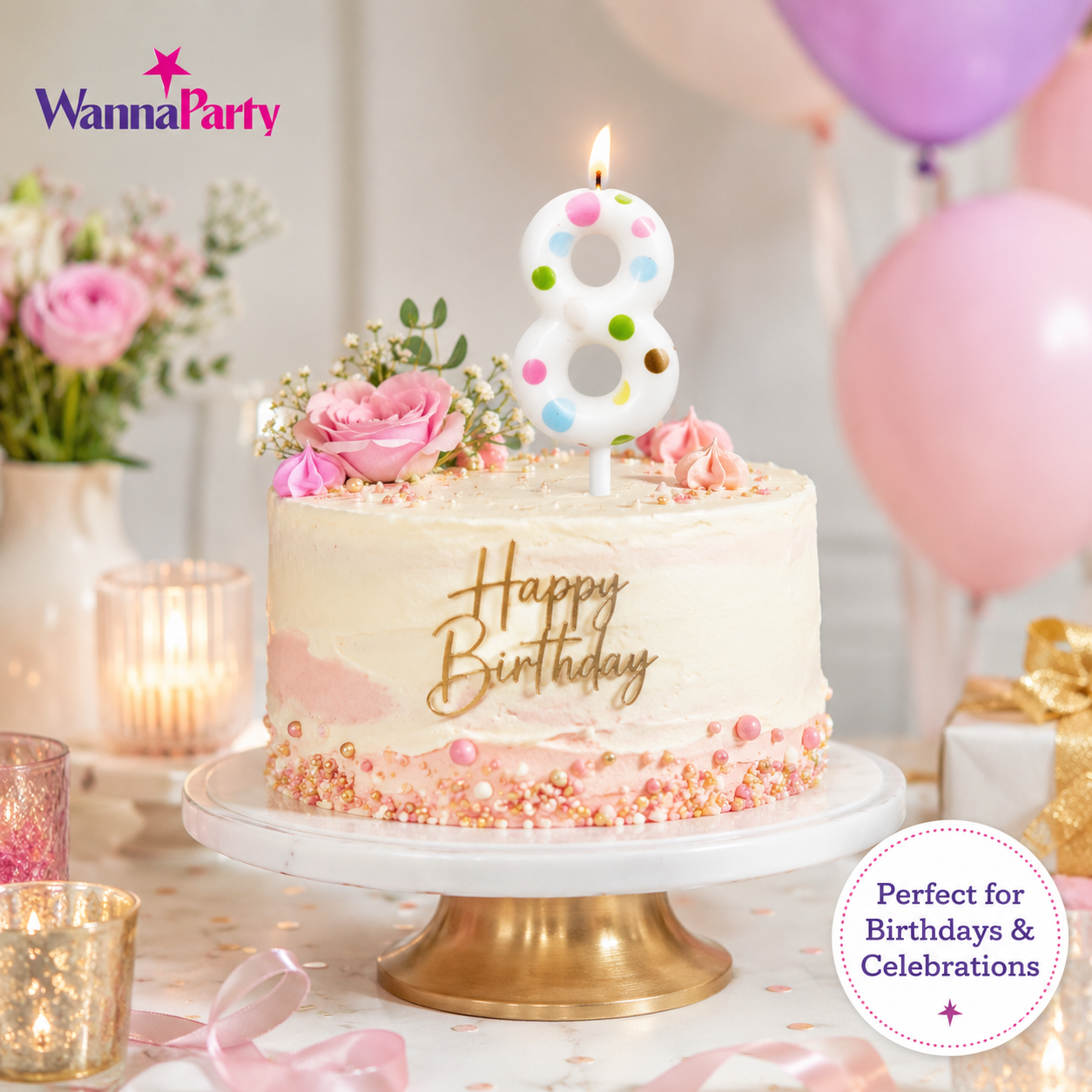 White Pastel Polka Dot Birthday Candle Number 8 | Numerical Candles for Cake Cutting - 1PC