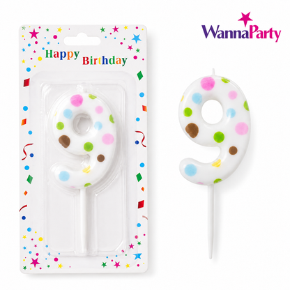 White Pastel Polka Dot Birthday Candle Number 9 | Numerical Candles for Cake Cutting - 1PC