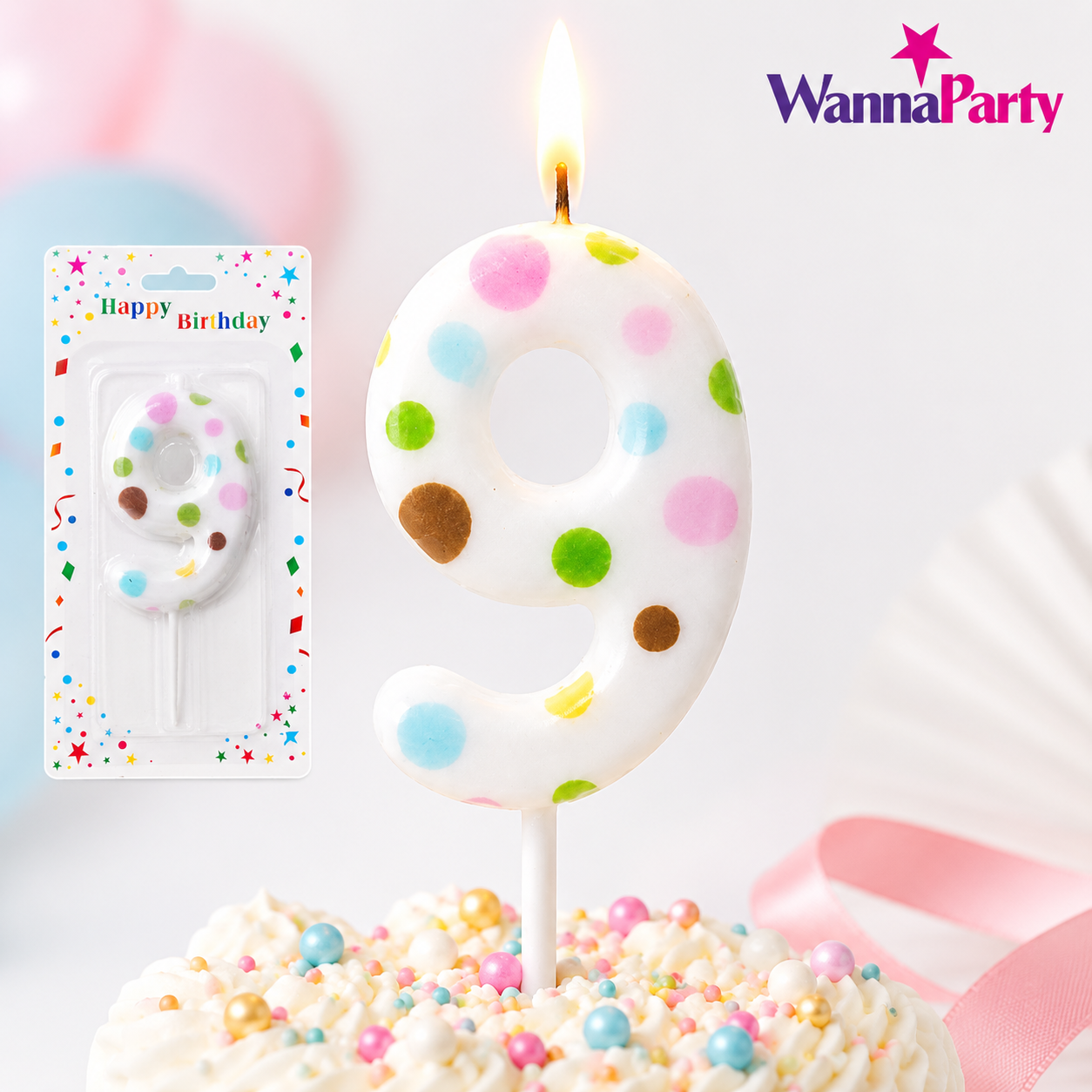 White Pastel Polka Dot Birthday Candle Number 9 | Numerical Candles for Cake Cutting - 1PC