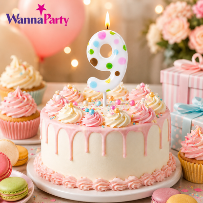 White Pastel Polka Dot Birthday Candle Number 9 | Numerical Candles for Cake Cutting - 1PC