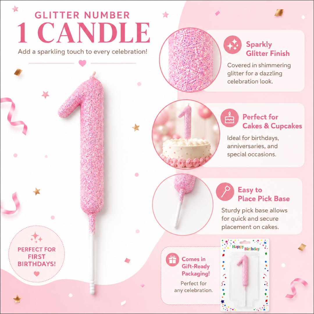 Glitter Designer Pink Candle Number 1 | Cake Candles
