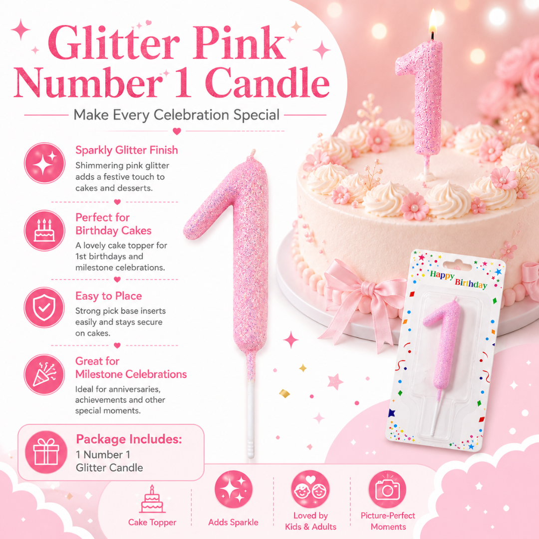 Glitter Designer Pink Candle Number 1 | Cake Candles