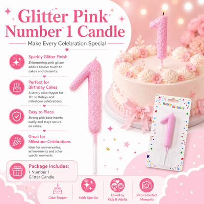 Glitter Designer Pink Candle Number 1 | Cake Candles