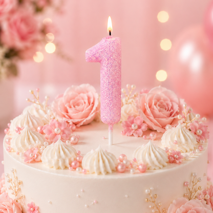 Glitter Designer Pink Candle Number 1 | Cake Candles