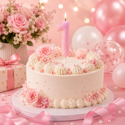 Glitter Designer Pink Candle Number 1 | Cake Candles