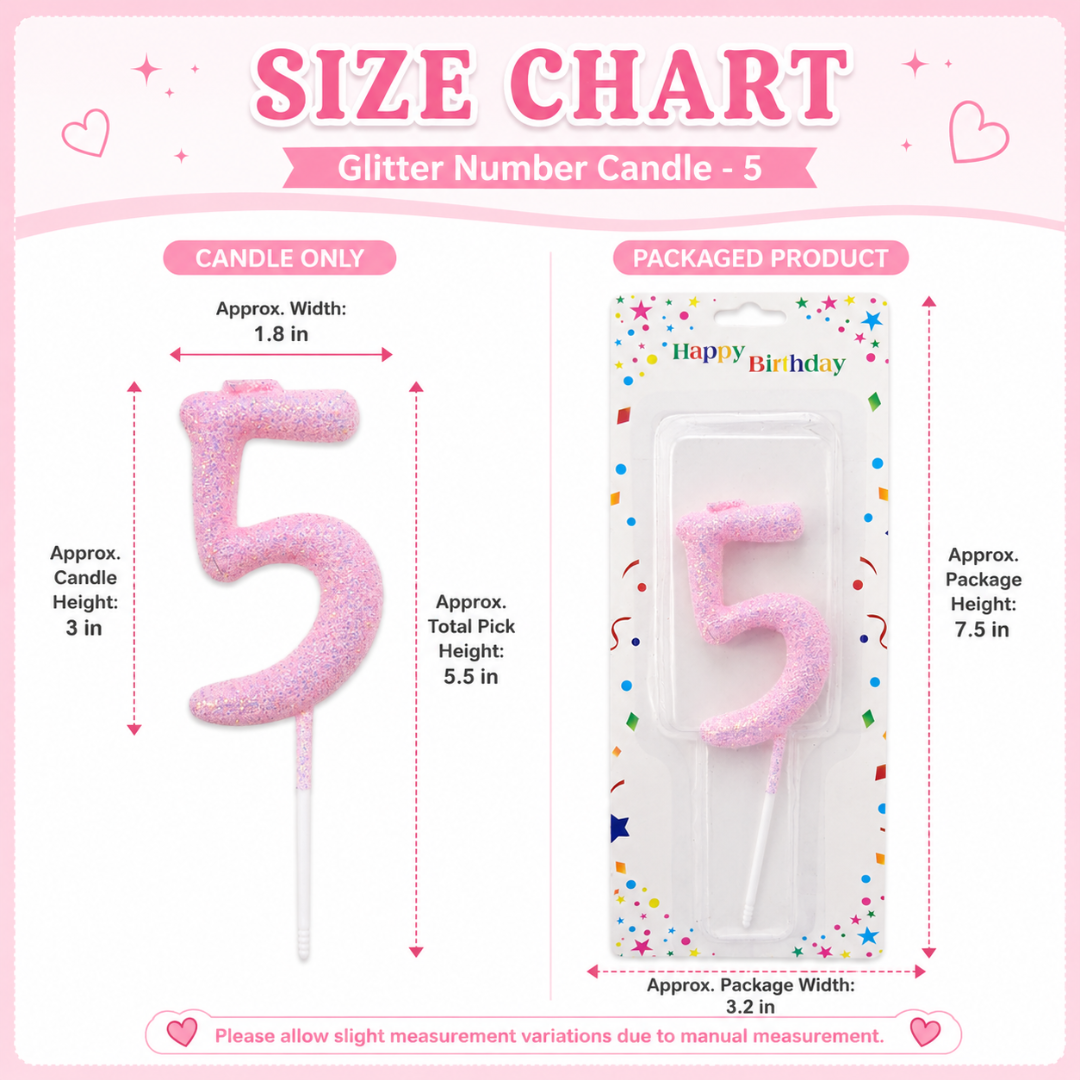 Glitter Designer Pink Candle Number 5 | Cake Candles