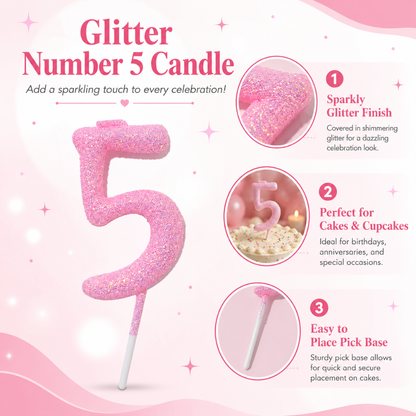 Glitter Designer Pink Candle Number 5 | Cake Candles