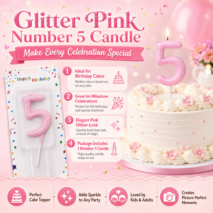 Glitter Designer Pink Candle Number 5 | Cake Candles