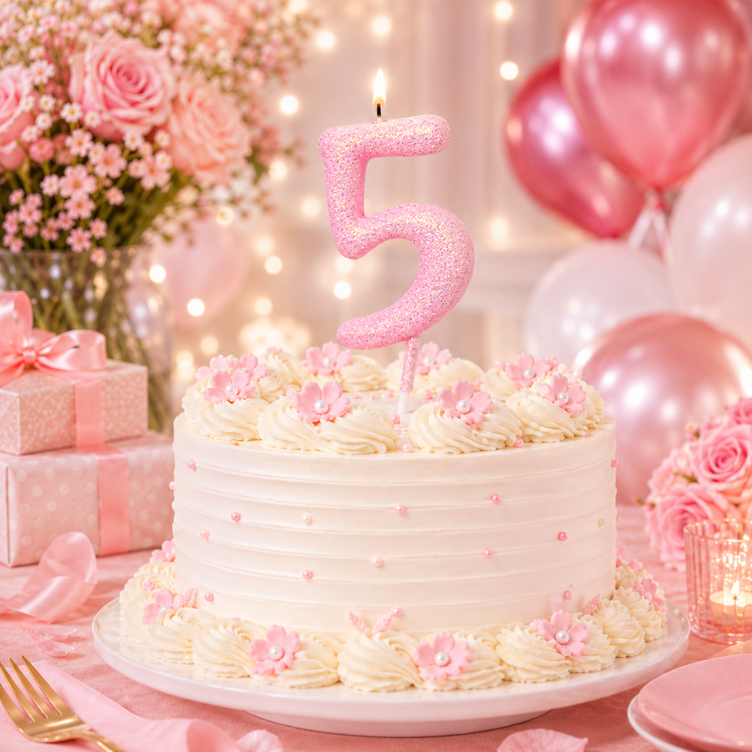 Glitter Designer Pink Candle Number 5 | Cake Candles