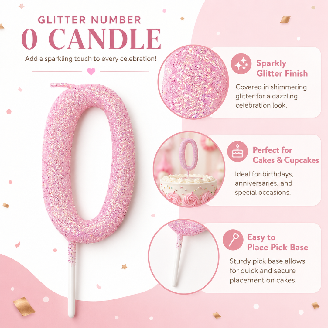 Glitter Designer Pink Candle Number 0 | Cake Candles