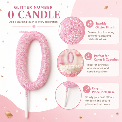 Glitter Designer Pink Candle Number 0 | Cake Candles