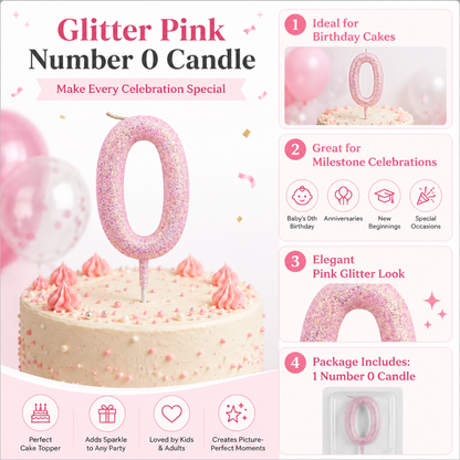 Glitter Designer Pink Candle Number 0 | Cake Candles