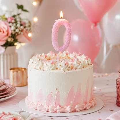 Glitter Designer Pink Candle Number 0 | Cake Candles