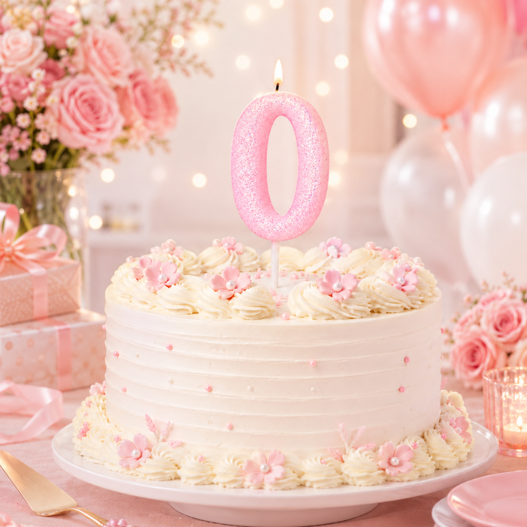 Glitter Designer Pink Candle Number 0 | Cake Candles