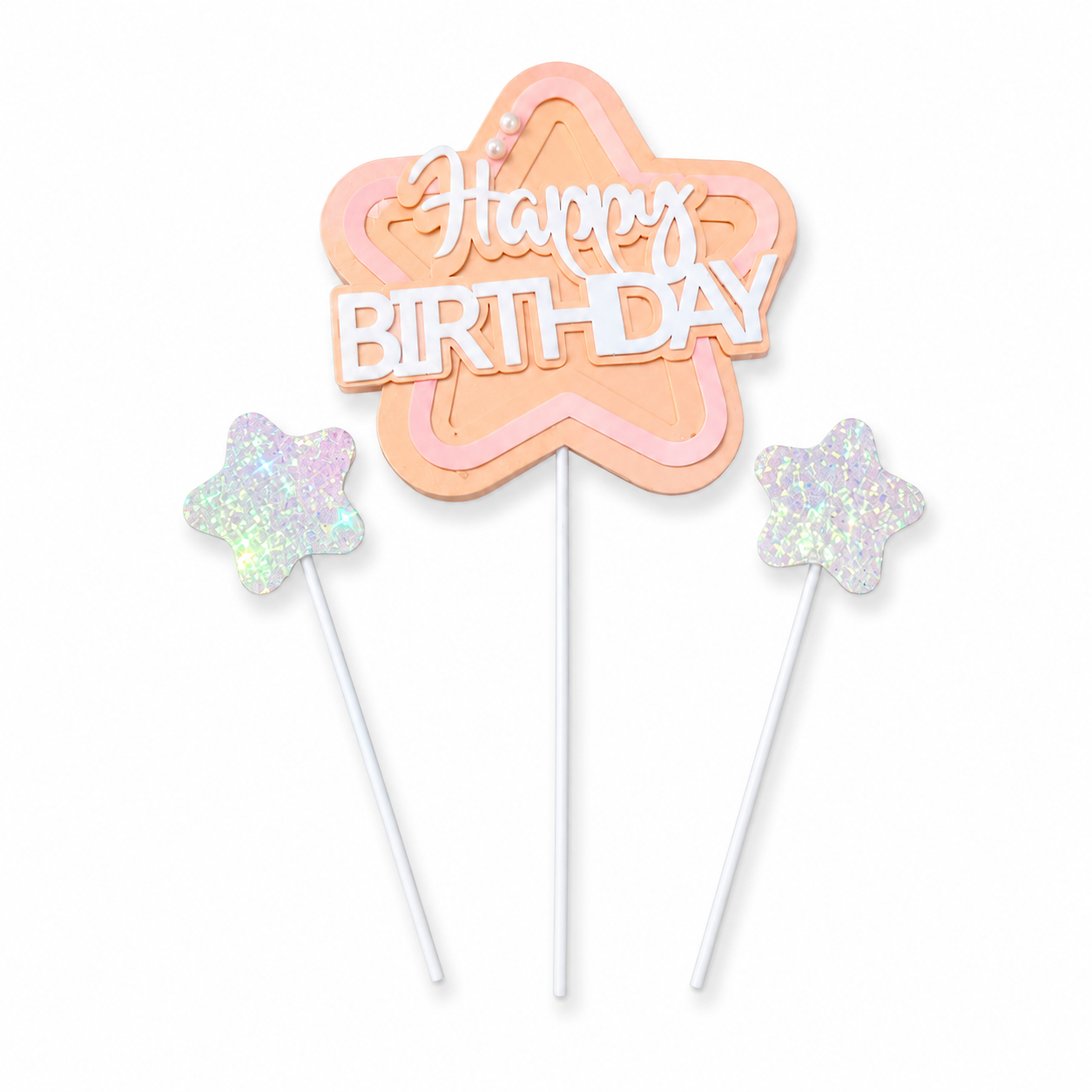 Happy Birthday Cake Topper Set of 3, Pink Birthday Pick with 2 Glitter Star Picks | Cake Decoration for Kids, Adults, Party Cakes, Cupcakes & Dessert Table - Set of 3PC