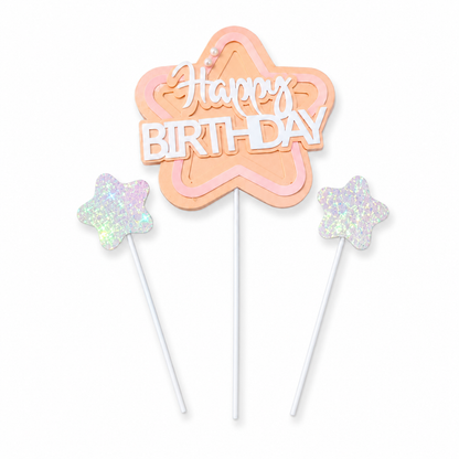 Happy Birthday Cake Topper Set of 3, Pink Birthday Pick with 2 Glitter Star Picks | Cake Decoration for Kids, Adults, Party Cakes, Cupcakes & Dessert Table - Set of 3PC