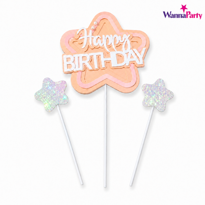Happy Birthday Cake Topper Set of 3, Pink Birthday Pick with 2 Glitter Star Picks | Cake Decoration for Kids, Adults, Party Cakes, Cupcakes & Dessert Table - Set of 3PC