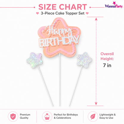 Happy Birthday Cake Topper Set of 3, Pink Birthday Pick with 2 Glitter Star Picks | Cake Decoration for Kids, Adults, Party Cakes, Cupcakes & Dessert Table - Set of 3PC