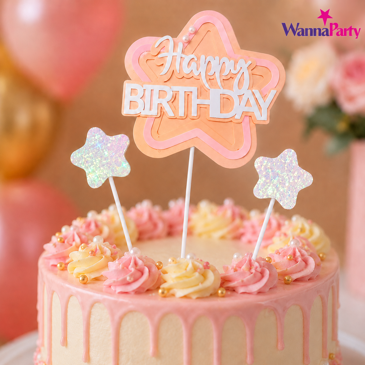Happy Birthday Cake Topper Set of 3, Pink Birthday Pick with 2 Glitter Star Picks | Cake Decoration for Kids, Adults, Party Cakes, Cupcakes & Dessert Table - Set of 3PC