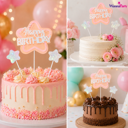 Happy Birthday Cake Topper Set of 3, Pink Birthday Pick with 2 Glitter Star Picks | Cake Decoration for Kids, Adults, Party Cakes, Cupcakes & Dessert Table - Set of 3PC
