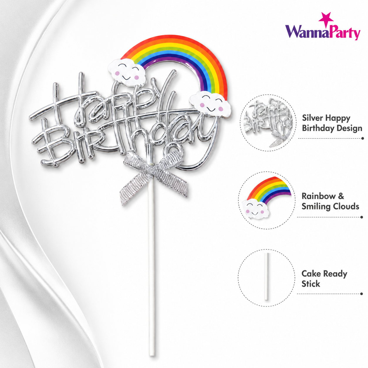 Happy Birthday Rainbow Cake Topper, Silver Script Design with Cloud Rainbow & Bow, Birthday Cake Decoration Pick for Kids, Adults, Party Cakes & Dessert Table – 1PC