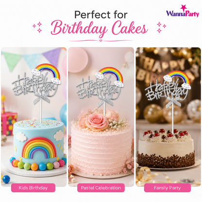 Happy Birthday Rainbow Cake Topper, Silver Script Design with Cloud Rainbow & Bow, Birthday Cake Decoration Pick for Kids, Adults, Party Cakes & Dessert Table – 1PC