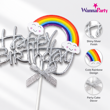 Happy Birthday Rainbow Cake Topper, Silver Script Design with Cloud Rainbow & Bow, Birthday Cake Decoration Pick for Kids, Adults, Party Cakes & Dessert Table – 1PC