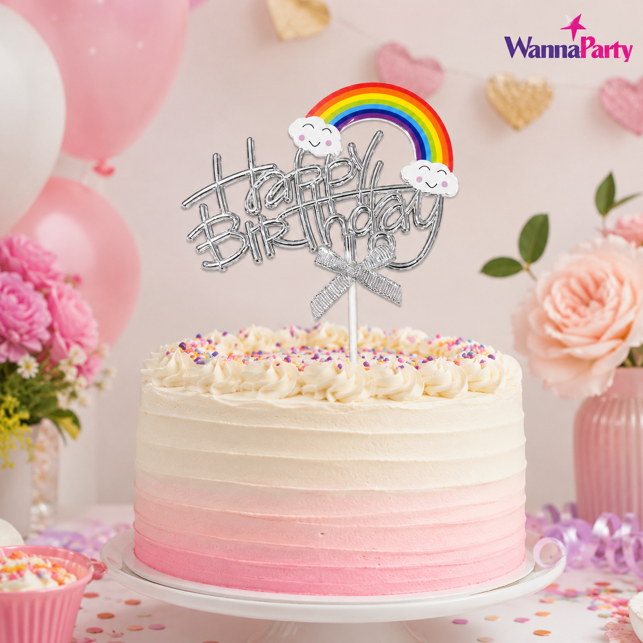 Happy Birthday Rainbow Cake Topper, Silver Script Design with Cloud Rainbow & Bow, Birthday Cake Decoration Pick for Kids, Adults, Party Cakes & Dessert Table – 1PC
