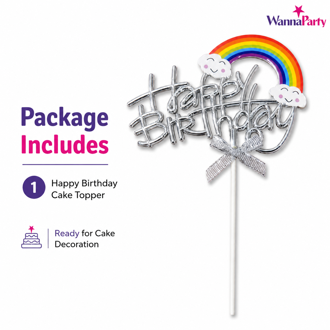 Happy Birthday Rainbow Cake Topper, Silver Script Design with Cloud Rainbow & Bow, Birthday Cake Decoration Pick for Kids, Adults, Party Cakes & Dessert Table – 1PC