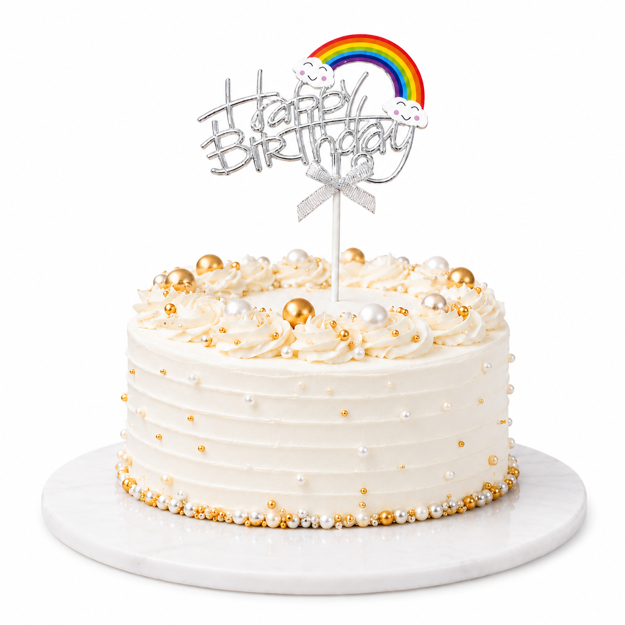 Happy Birthday Rainbow Cake Topper, Silver Script Design with Cloud Rainbow & Bow, Birthday Cake Decoration Pick for Kids, Adults, Party Cakes & Dessert Table – 1PC