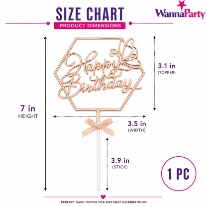 Happy Birthday Cake Topper, Rose Gold Hexagon Frame with Butterfly & Bow | Birthday Cake Decoration Pick for Kids, Adults, Party Cakes & Dessert Table – 1PC