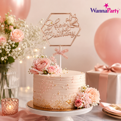 Happy Birthday Cake Topper, Rose Gold Hexagon Frame with Butterfly & Bow | Birthday Cake Decoration Pick for Kids, Adults, Party Cakes & Dessert Table – 1PC