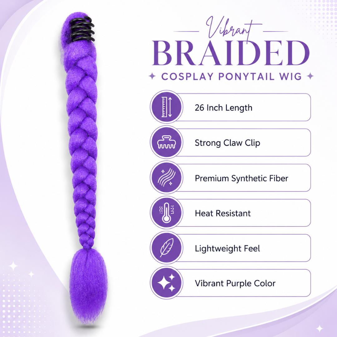 K-Pop Idol Purple Ponytail Cosplay Wig – 26” Heat Resistant Lavender High-Tail Stage Wig for Concerts or Cosplay Look