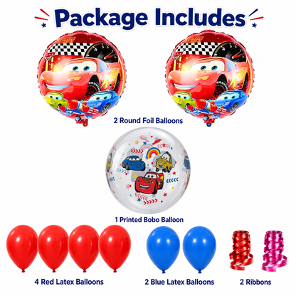 Racing Car BOBO Theme Balloon Decoration Set | 2 Round Car Foil Balloons, 1 Clear Bobo Printed Balloon, Red & Blue Latex Balloons & Ribbons for Kids Birthday Party - 11PC Set