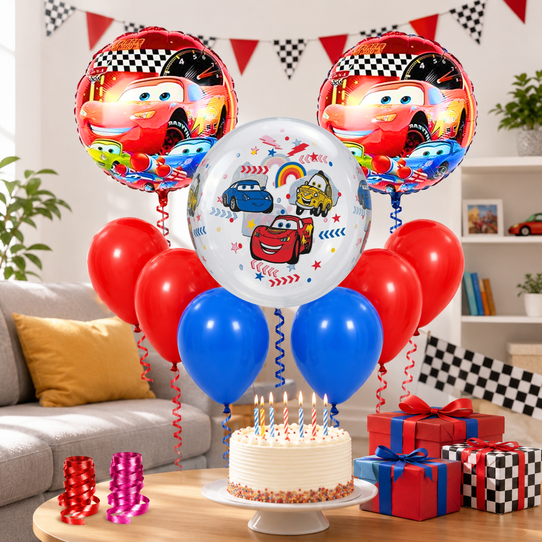 Racing Car BOBO Theme Balloon Decoration Set | 2 Round Car Foil Balloons, 1 Clear Bobo Printed Balloon, Red & Blue Latex Balloons & Ribbons for Kids Birthday Party - 11PC Set