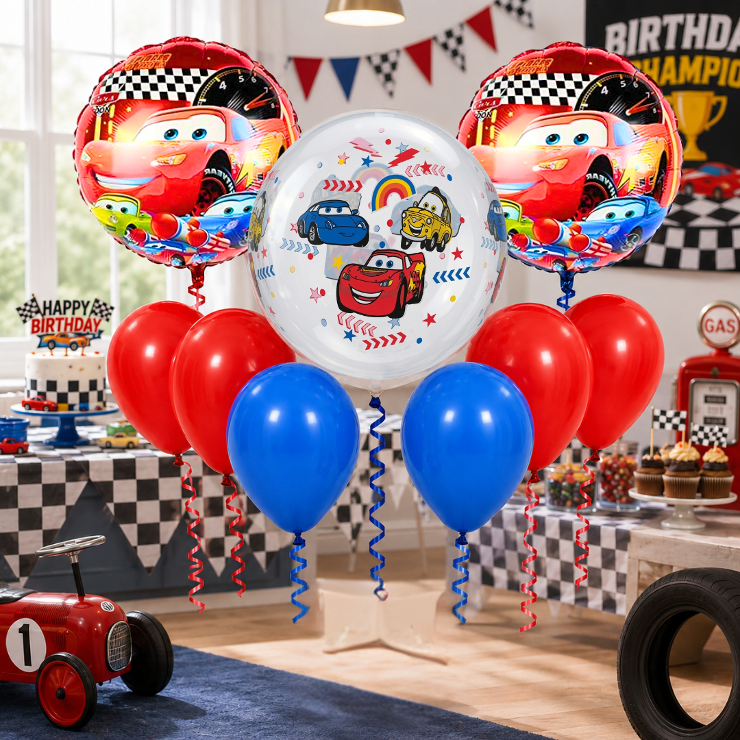 Racing Car BOBO Theme Balloon Decoration Set | 2 Round Car Foil Balloons, 1 Clear Bobo Printed Balloon, Red & Blue Latex Balloons & Ribbons for Kids Birthday Party - 11PC Set
