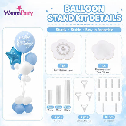 Blue & White Happy Birthday Balloon Bouquet Stand Set - 21 Pcs | Balloons with Plum Blossom Base, Holder & Fiber Rods, Table Centerpiece Decoration for Kids Adults Party - 1 Set