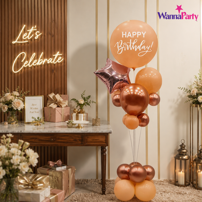 Peach & Rose Gold Happy Birthday Balloon Bouquet Stand Set -  21 Pcs | Balloons with Plum Blossom Base, Holder & Fiber Rods, Table Centerpiece Decoration for Birthday Party - 1 Set