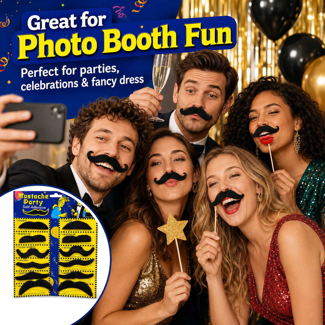 Black Fake Moustaches Self Adhesive, Funny Party Moustache Props for Birthday, Fancy Dress, Photo Booth, Role Play, Return Gifts, Loot Bags & Party Favors – 12 PCS