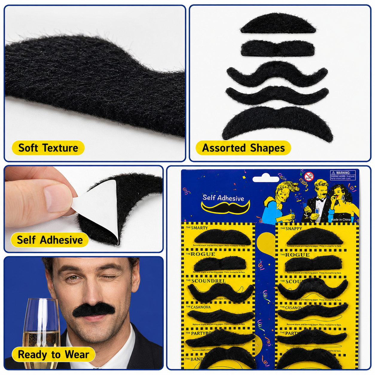 Black Fake Moustaches Self Adhesive, Funny Party Moustache Props for Birthday, Fancy Dress, Photo Booth, Role Play, Return Gifts, Loot Bags & Party Favors – 12 PCS