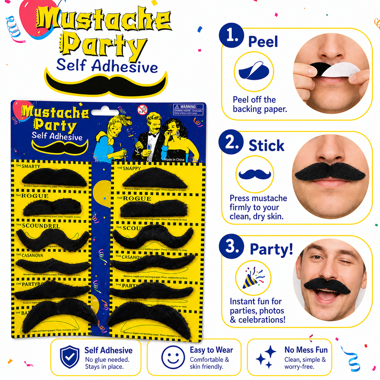 Black Fake Moustaches Self Adhesive, Funny Party Moustache Props for Birthday, Fancy Dress, Photo Booth, Role Play, Return Gifts, Loot Bags & Party Favors – 12 PCS