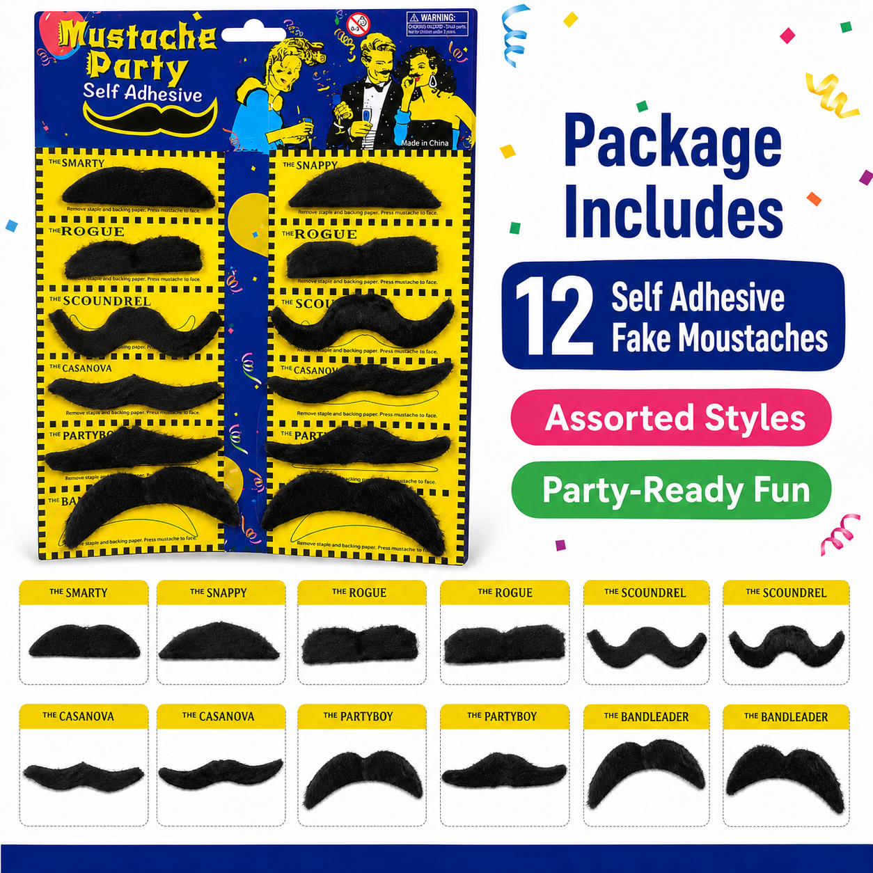 Black Fake Moustaches Self Adhesive, Funny Party Moustache Props for Birthday, Fancy Dress, Photo Booth, Role Play, Return Gifts, Loot Bags & Party Favors – 12 PCS