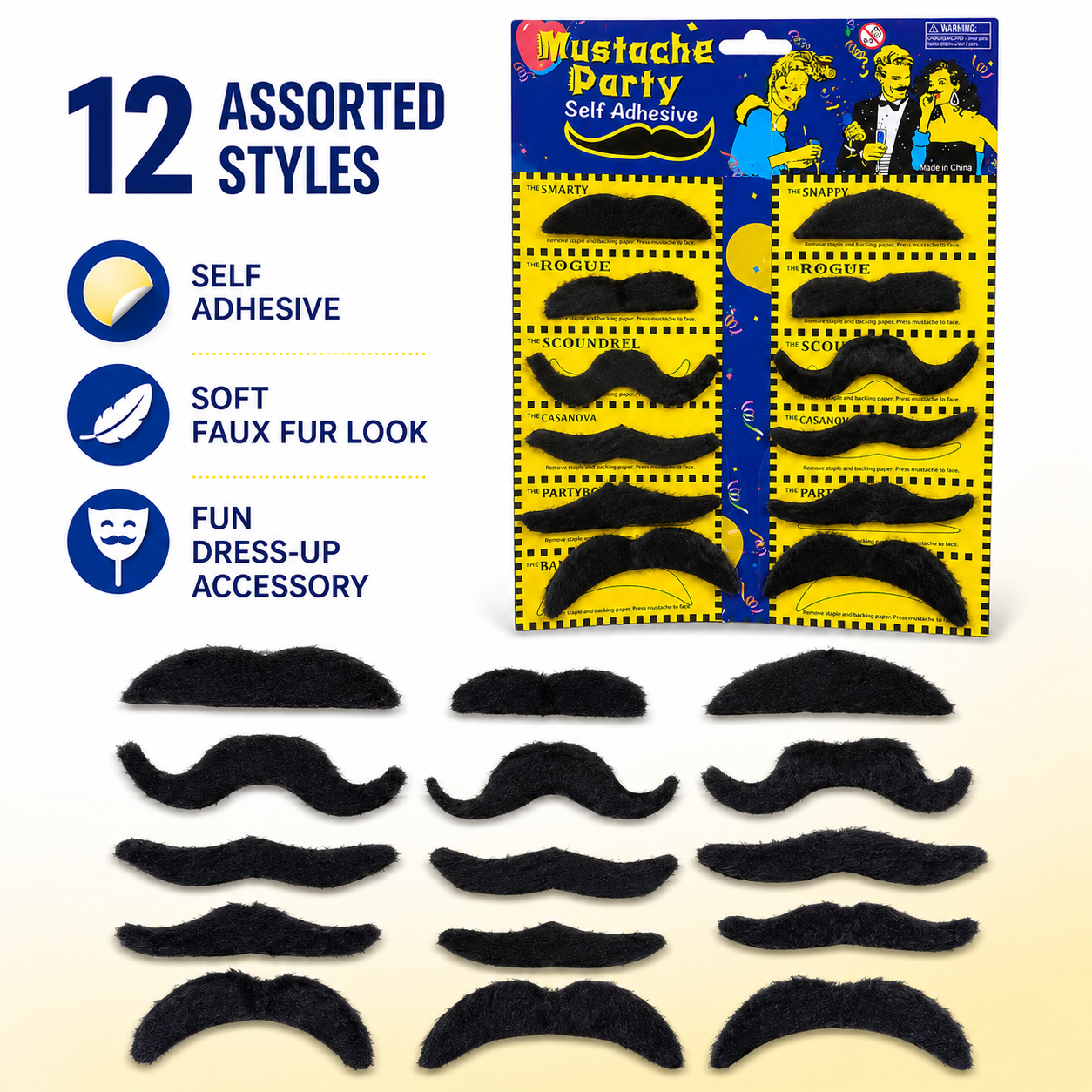 Black Fake Moustaches Self Adhesive, Funny Party Moustache Props for Birthday, Fancy Dress, Photo Booth, Role Play, Return Gifts, Loot Bags & Party Favors – 12 PCS