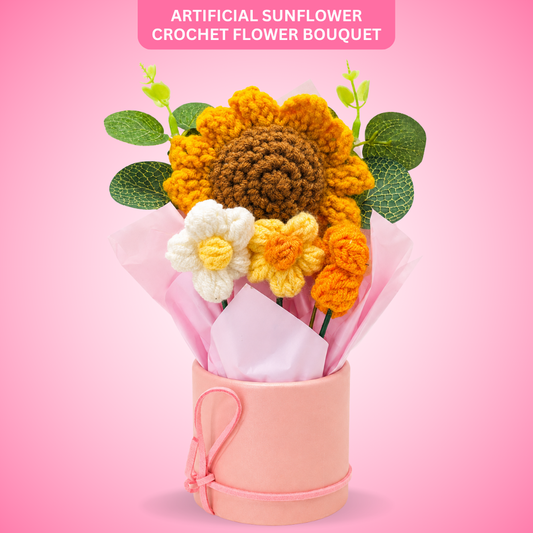 Artificial Sunflower Crochet Flower Bouquet, Handmade Style Knitted Flowers Bunch with Pink Wrap, Decorative Flower Gift for Home Decor, Table Decoration, Birthday, Anniversary & Valentine Gift