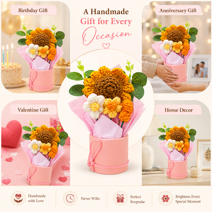 Artificial Sunflower Crochet Flower Bouquet, Handmade Style Knitted Flowers Bunch with Pink Wrap, Decorative Flower Gift for Home Decor, Table Decoration, Birthday, Anniversary & Valentine Gift