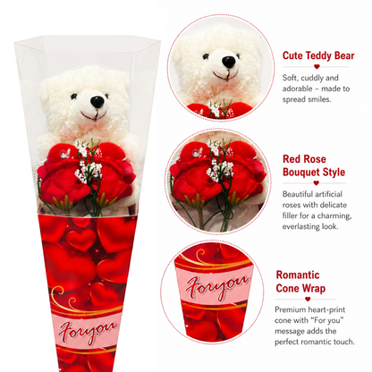 Teddy Bear Rose Bouquet Gift, Cute Teddy with Red Heart & Rose Cone Wrap, Romantic Gift for Valentine’s Day, Birthday, Anniversary, Proposal, Friendship Day - 1PC